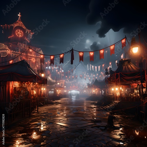 Chinese temple at night with lanterns and fog, 3d illustration
