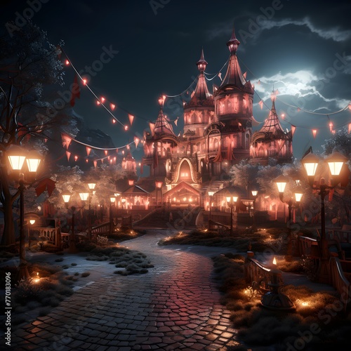 Illustration of a fairy tale castle in the middle of the night.