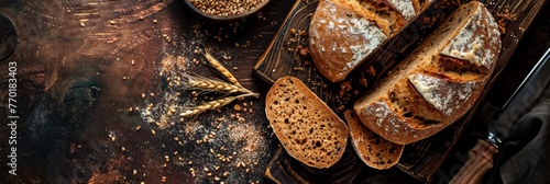 Artisan loaves of bread with wheat grains - Rustic loaves of bread surrounded by wheat sheafs and scattered grains on a wooden surface showcasing bakery freshness photo
