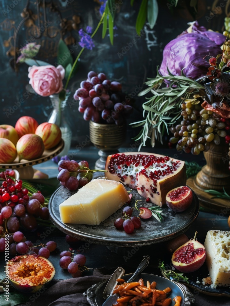Assorted cheese and fruits on rustic table - Elegant still life of various cheeses and fruits on a rustic table, invoking a sense of abundance Assorted cheese and fruits on rustic table - Elegant still life of various cheeses and fruits on a rustic table, invoking a sense of abundance