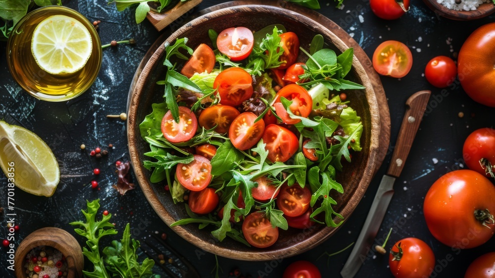 Bowl of fresh tomato and arugula salad - Vibrant tomato and arugula salad in a wooden bowl among ingredients on a tabletop, symbolizing freshness and health Bowl of fresh tomato and arugula salad - Vibrant tomato and arugula salad in a wooden bowl among ingredients on a tabletop, symbolizing freshness and health