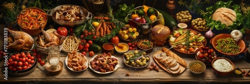 Bountiful feast of diverse colorful foods spread - Rich array of food with roasted meats, fresh vegetables, and baked breads, representing abundance and variety