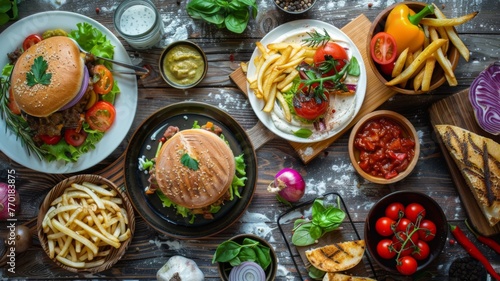 Burger and fries on rustic wooden table - Overhead shot of a burger with fries, salad, and condiments on a wooden table, surrounded by various fresh ingredients