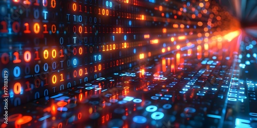 Glowing blue binary code pattern on digital signboard symbolizing computer programming and big data. Concept Computer Programming, Big Data, Digital Signboard, Binary Code, Glowing Blue Pattern