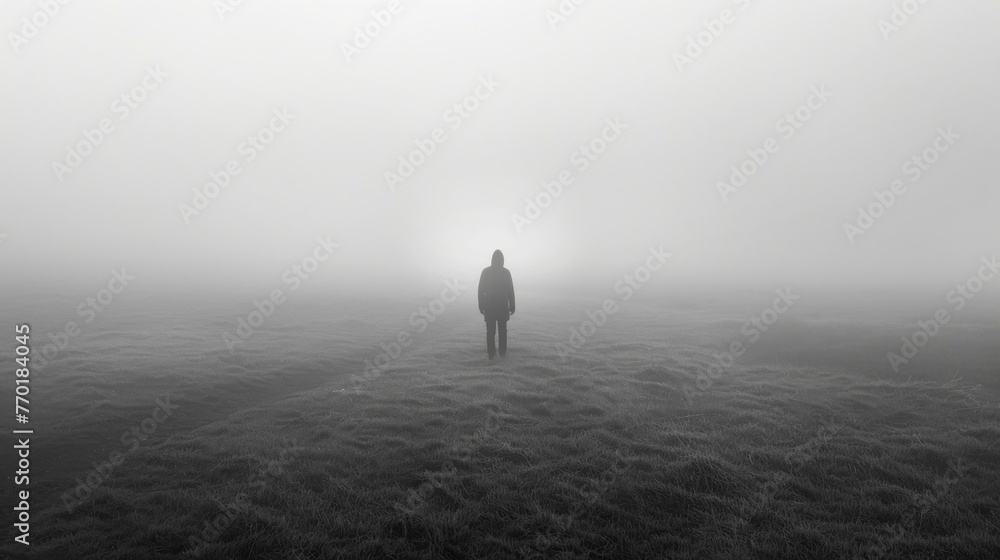A lone figure cautiously navigates through the mist searching for any sign of potential danger. - obrazy, fototapety, plakaty 