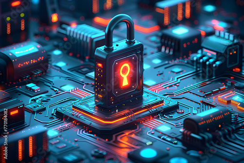 A 3D animated cartoon render of a digital padlock encircled by firewalls and computer code. photo