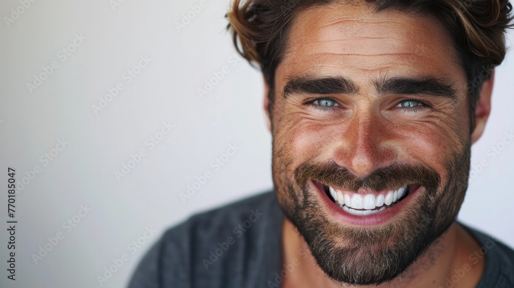 Joyful man with trendy beard and hairstyle exudes confidence and positivity in casual setting. Embracing self-care and mental well-being. Joyful man with trendy beard and hairstyle exudes confidence and positivity in casual setting. Embracing self-care and mental well-being.