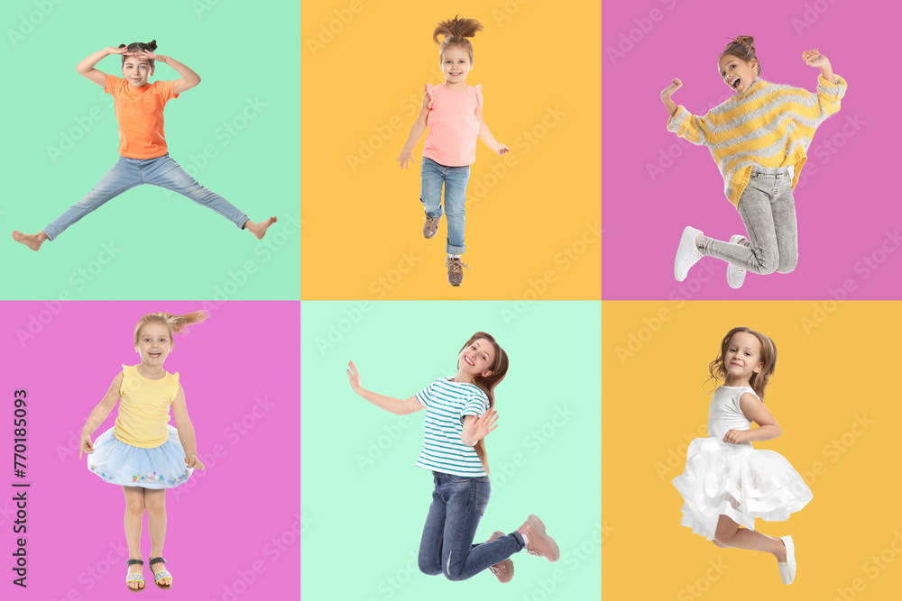 Group of children jumping on color backgrounds, set of photos Group of children jumping on color backgrounds, set of photos