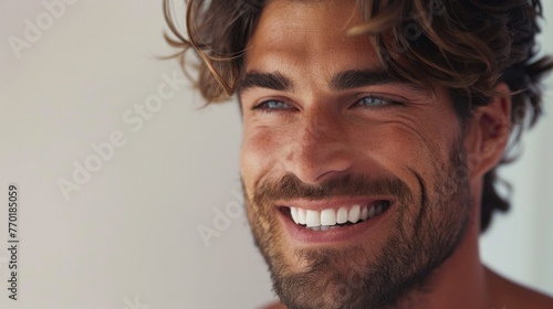 Portrait of cheerful man with beard and tousled hair, showcasing natural and casual look with genuine smile. Relaxed lifestyle and authentic emotion. © Postproduction