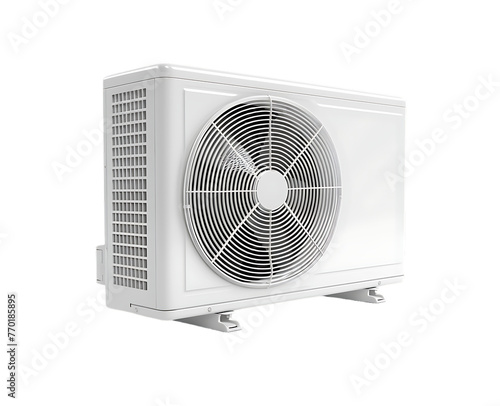 A white air conditioning system with its outdoor unit, set against a white background in isolation.