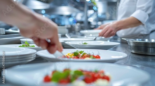Professional chefs preparing gourmet meals with fresh ingredients in modern restaurant kitchen. Culinary arts and teamwork in culinary industry.