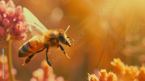 Bee flying over flowers in meadow, close up