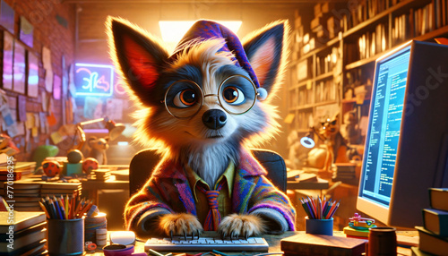Digitally crafted young individual with fox features, deeply focused on programming tasks in a cluttered, sticker-adorned workspace, symbolizing dedication and passion in technology. Represents the me
