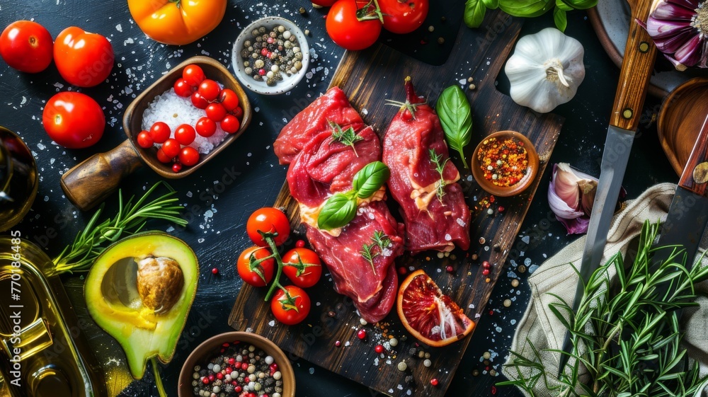 Fresh meat and vegetables on dark surface - An array of raw steak cuts surrounded by fresh herbs, spices, and a variety of vegetables on a dark, textured surface