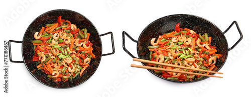 Woks with shrimp stir fry and vegetables isolated on white