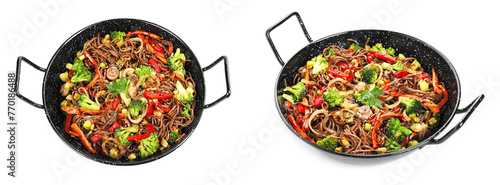 Wok with stir fried noodles, mushrooms and vegetables isolated on white, top and side views
