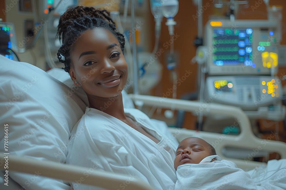 Obraz premium Happy tired black African American woman after childbirth at medical clinic wearing hospital robe holding a newborn baby on hands, happy smiling doctors nurses around her 