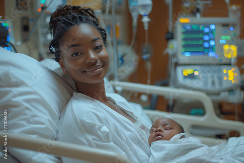 Happy tired black African American woman after childbirth at medical clinic wearing hospital robe holding a newborn baby on hands,  happy smiling doctors nurses around her 