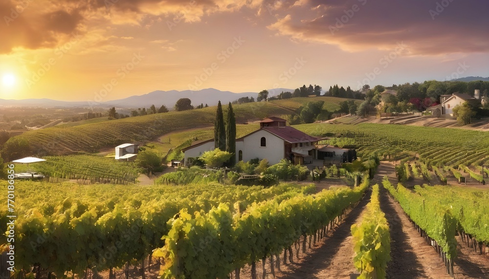 A Picturesque And Photorealistic Vineyard At Sunse