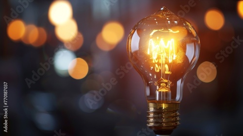 Illuminated vintage light bulb with bokeh - Close-up of a vintage style light bulb with glowing filament and bokeh effect background