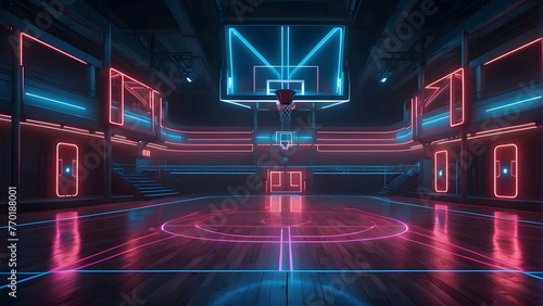 Futuristic basketball court made of neon lights