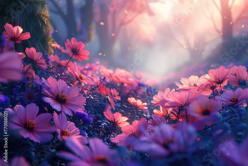In the magical forest, there is an endless sea of flowers with pink and purple petals shining in sunlight. Created with Ai