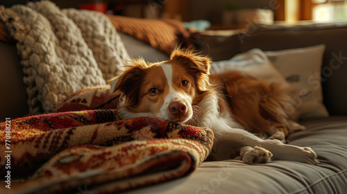 Dog on a sofa, cozy living room scene, furry friend lounging comfortably, soft cushions and blankets, warm lighting, content expression on the dog's face, companionship and relaxation photo