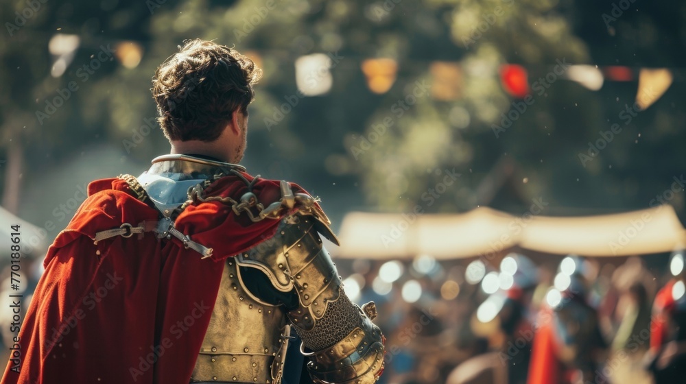 A figure in a red cape and gold armor stands confidently with back to the camera surveying the jousting competition ahead. . .
