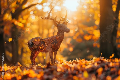 Autumnal Deer Sculptures Crafted From Fallen Leaves and Natural Materials in a Magical Forest Light. Generative AI.