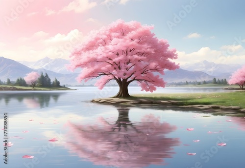 A lone cherry blossom tree, its pink blossoms fluttering down on a quiet pond, serene under the expanse of a gentle spring sky, generative AI