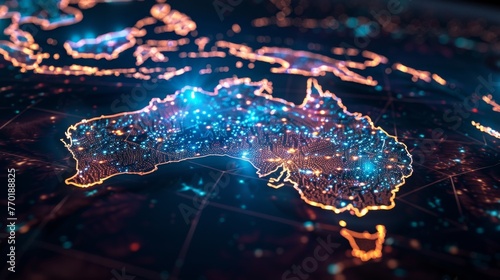 A glowing map of Australia stands out against a dark background, emitting a soft light and showcasing the countrys outline.