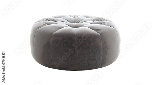 Front view of gray round soft pouffe stool isolated on white 