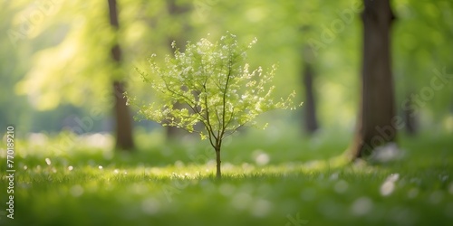 Lush spring greenery in a woodland park, punctuated by the dance of sunlight and the grace of new leaves, in a delicate defocus, generative AI