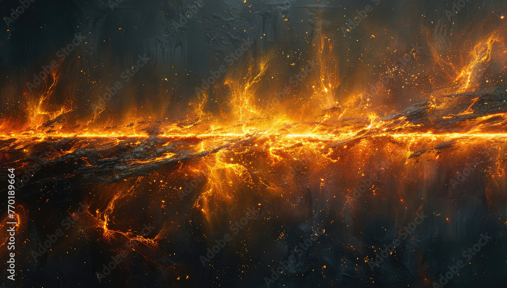A horizontal beam of fire floats in the air, creating an epic cinematic feel. The background features dark tones and is surrounded by flames. Created with Ai