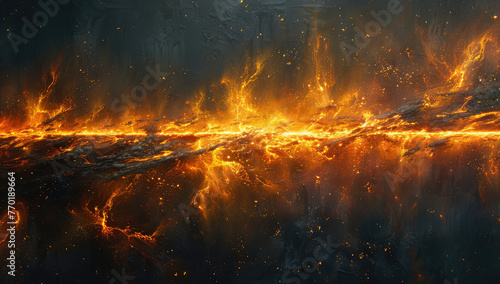 A horizontal beam of fire floats in the air, creating an epic cinematic feel. The background features dark tones and is surrounded by flames. Created with Ai