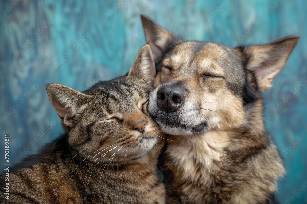 Happy Dog and Cat on blue background, animals love each other