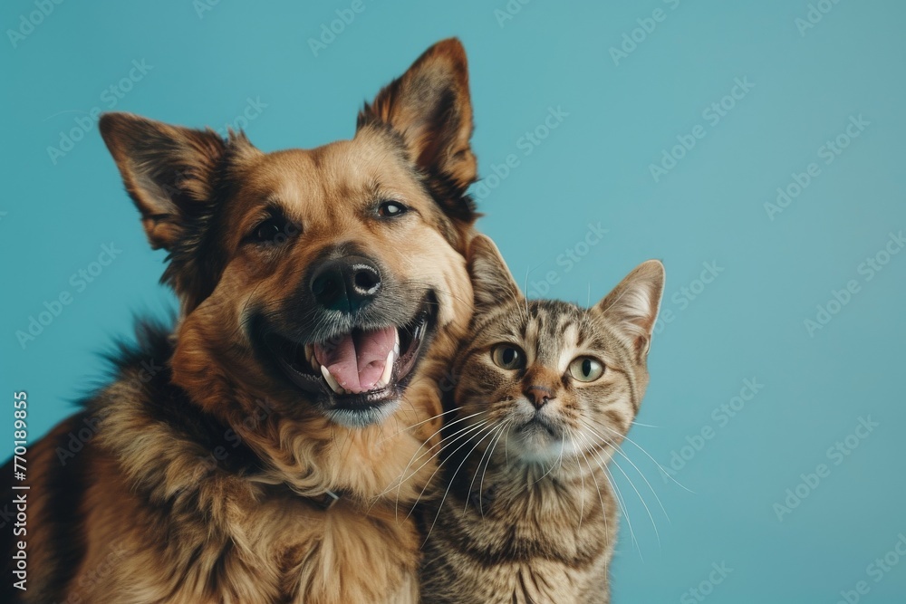Happy Dog and Cat on blue background, animals love each other Happy Dog and Cat on blue background, animals love each other