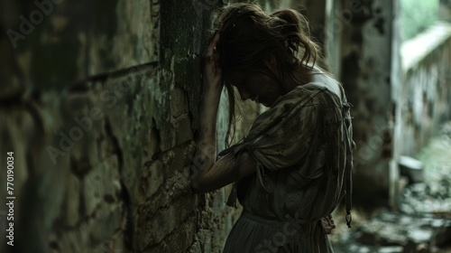 A woman with worn and tattered clothing leans against a wall face obscured as takes a moment to rest a the ruins. . .