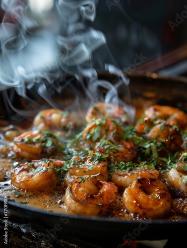 Sizzling shrimps in a skillet with herbs - Close-up image of seasoned shrimps in a skillet surrounded by steam and sprinkled herbs