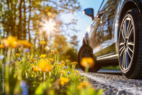 summer car tires in the blooming spring in the sun, time for summer tires