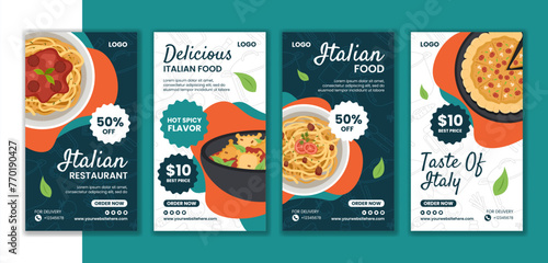 Italian Food Social Media Stories Flat Cartoon Hand Drawn Templates Background Illustration photo