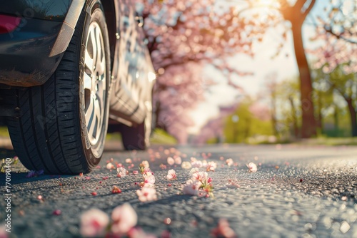 summer car tires in the blooming spring in the sun, time for summer tires
