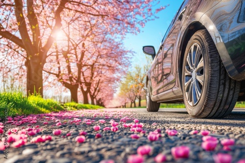 summer car tires in the blooming spring in the sun, time for summer tires