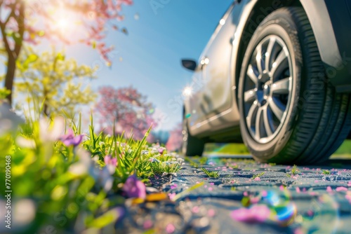 summer car tires in the blooming spring in the sun, time for summer tires
