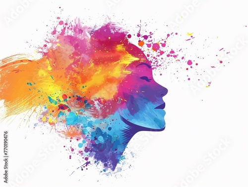 Colorful illustration of happy woman head in paint splatter style.