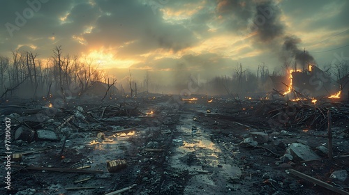 haunting aftermath of battle, where smoke still lingers in the air and the ground is littered with remnants of warfare. Every shell casing and shattered piece of debris bears witness.