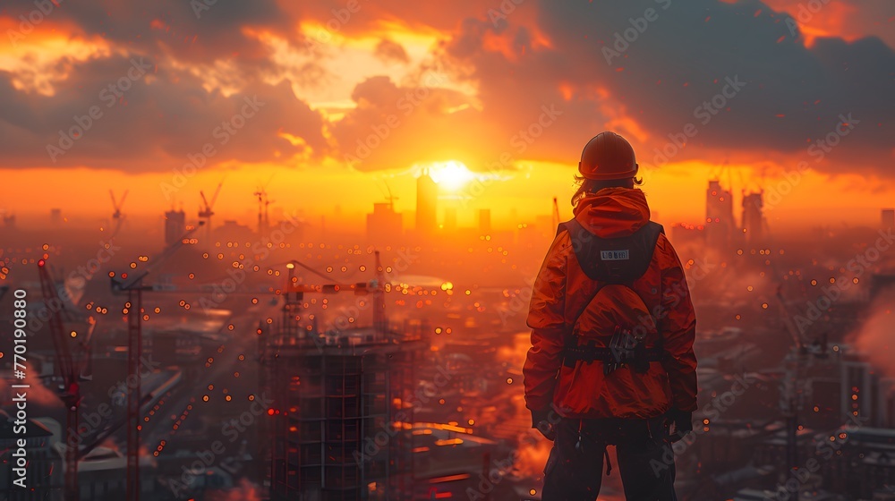 industrious spirit of a worker on a construction site, their silhouette outlined against the backdrop of towering cranes and bustling activity, in breathtaking 16k full ultra HD.
