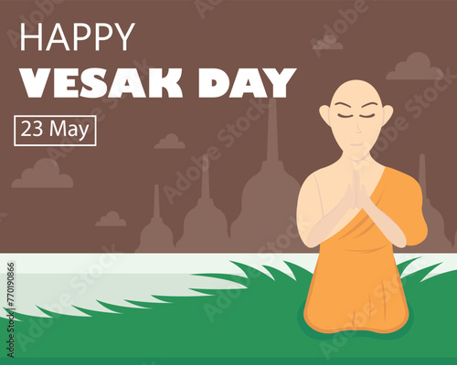 illustration vector graphic of a monk was praying in his meadow, perfect for international day, vesak day, celebrate, greeting card, etc.