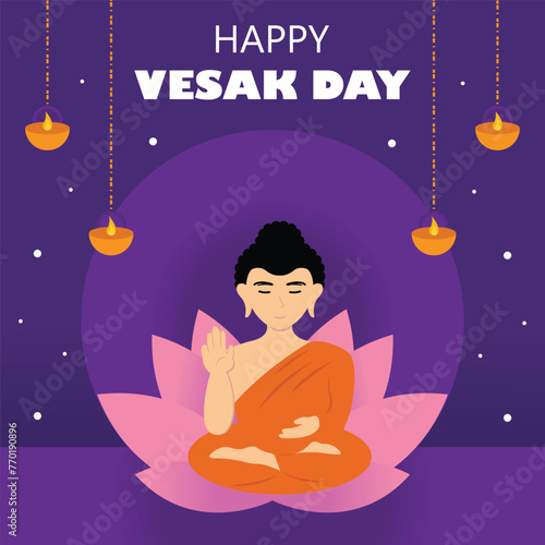 illustration vector graphic of a buddha is sitting on a lotus flower, showing lantern, perfect for international day, vesak day, celebrate, greeting card, etc.