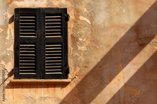 Stark silhouette of Mediterranean shutters, in solid black vector form, casting shadows on an earth-toned, minimalist wall
